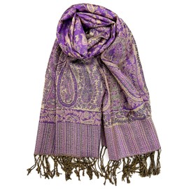 Plum Feathers Metallic Tapestry Ethnic Paisley Pattern Pashmina Scarf Purple Gold Paisley