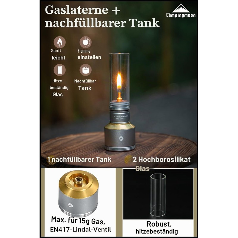 Campingmoon T-1D15 Camping Gas Lantern with Empty Tank Wooden Lantern