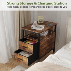 JCMCDO End Table with Charging Station, Narrow Side Table with 2 Fabric Drawer & Storage Shelf, USB Ports & Power Outlets, Narrow Nightstand for Bedroom Living Room and Small Spaces, Rustic Brown