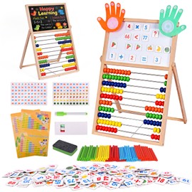 Wooden Abacus for Kids Math - Double-Sided Black/Whiteboard for Toddlers with 152 Magnetic Number & Fruit Cards, 100 Counting Sticks and Number Blocks Finger Counting Toys Homeschool Essentials