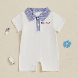 Baby Boy Independence Day Outfit Stripe Lapel Collar Button Short Sleeve Romper Newborn Jumpsuit Infant Summer Clothes (Blue, 6-12 Months)