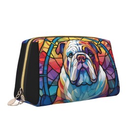 Novgift English Bulldog Stained Dog Breed Glass Art Leather Makeup Bag Travel Cosmetic Bag For Women Large Capacity Makeup Pouches