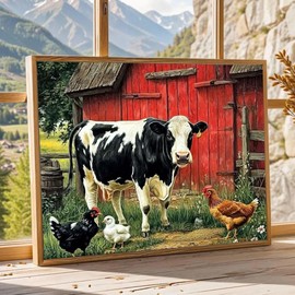 DAZZLEDOTS Diamond Art Kits for Adults, Cow Diamond Painting Kits for Beginner Farm Round 5D Full Drill Diamond Dots Crafts for Home Wall Decor Gifts 16x12 Inch