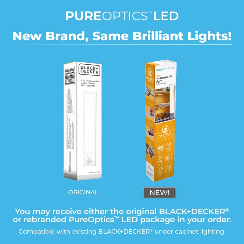 PureOptics LED Rechargeable Under Cabinet Lighting, Motion Sensor On/Off, Warm