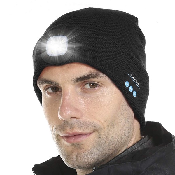 Bluetooth Beanie Hat with Light, Unisex LED Cap with Headphones Built-in Stereo Speakers & Mic, Tech Gift for Men Women Dad Black