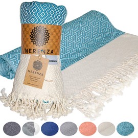 NERENZA Premium Turkish Beach Towel Cotton Peshtemal - Stylish Turkish Bath Towels Extra Large Blanket for Beach and Bathroom - Prewashed - 35 x 70 Inch XL- Big Diamond Turquoise Beige (1 Unit)