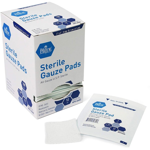 Medpride 2'' x 2'' Sterile Gauze Pads for Wound Dressing| 100-Pack, Individually Packed Pouches| 12-Ply Cotton & Highly Absorbent| Gauze Sponge-Pads for Wound Care & Home First Aid Kits