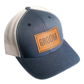 Bride and Groom Leather Patch Trucker Style Hats - Wedding Hats, Wedding Gifts (Groom, Navy/White, Natural)
