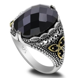 S925 Sterling Silver Men's Green Oval Agate Stone Ring, Fashion Green Turquoise Ring Men's Turkiye Jewelry (10, Black)