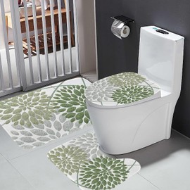 MEHOTOP Dahlia Bathroom Rug Sets 3 Pieces Sage Green Non Slip Abstract Flower Bath Mats+ Soft Contour Rug+Absorb Oblong Toilet Seat Cover Elegant Bathroom Decor White Green Bath Room Accessories