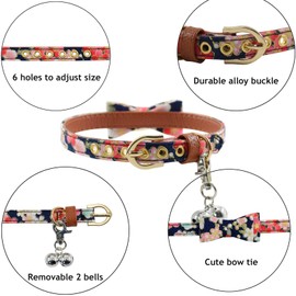 3PCS Bow Tie Dog Collar and Leash Set Plaid/Camo/Dots/Flower Dog Bandanas with Bell 3 Size Adjustable for Small Dogs Puppies and Cats (XS, Black Flower)