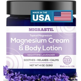 Migrastil Nighttime Lavender Magnesium Cream & Non-Greasy Body Lotion. Extra Strength 250mg Magnesium Chloride for Muscle Relief, Leg Cramps, Relaxation and Sweet Sleep. Vegan, Made in The USA.