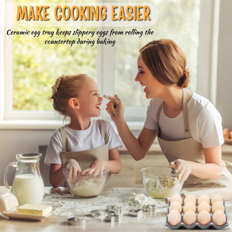 Ceramic Egg Tray 12-Cup Egg Holder Container for Fridge (Gray,