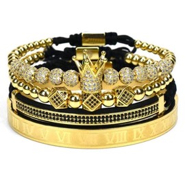 Imperial Crown King 18K Gold CZ Beads Bracelet Luxury Charm Fashion Bangle for Men Women (A Gold)