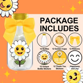 Ethisa 12 Pack Daisy Party Favors - DIY Candy Jars with Ribbons and Stickers - Party Decoration Bottles for Birthday, School Classroom and Baby Shower - Flower Table Centerpiece Gifts for Kids