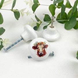 JamJam Set of 8 1.5" Ceramics Cow and Flower Knob Unique Farmhouse Rustic Cabinet Kitchen Dresser Drawer Knobs or Pulls