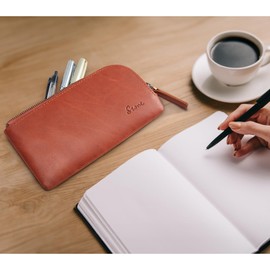 S-ZONE Top Grain Leather Pencil Pouch Small Zipper Bag for Pens Makeups Change Coins