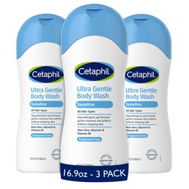 Cetaphil Ultra Gentle Body Wash, For Dry to Normal, Sensitive Skin, 16.9oz Pack of 3, Aloe Vera, Vitamin B5, Hypoallergenic, Paraben Free, Fragrance Free, Dermatologist Tested