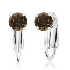 Gem Stone King 1.60 Ct Round Brown Smoky Quartz 925 Sterling Silver Clip On Earrings