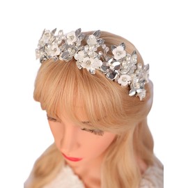 Teyglen Floral Flower Headband Silver Leaf Headpiece for Bride Wedding Tiara Headband Bridal Hair Accessories for Women Girls Party Prom (Silver)