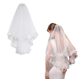 Faletony Bridal Veil Lace Trim Short Bridal Tulle with Comb Tulle Bridal Wedding Short Veil 2 Layer Bridal Veil for Women Brides Bachelorette Party, White