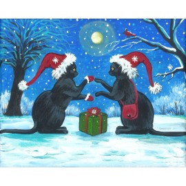 8x10 Ryta Christmas Holiday Winter Black Cat Santa Gift landscape folk art snow