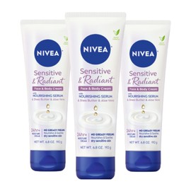 NIVEA Sensitive and Radiant Face and Body Cream for Dry, Sensitive Skin, Vegan Body and Face Moisturizer with Shea Butter and Aloe Vera, 6.8 Oz Tube, Pack of 3