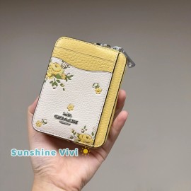 Coach NWT Coach Zip Card Case In Signature Canvas With Floral Print CAU44 Silver/Chalk