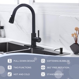WEWE Black Kitchen Faucet with Soap Dispenser, Kitchen Sink Faucet with Pull Down Sprayer 3 Modes Stainless Steel Single Handle Single Hole Pull Out Matte Black Faucet for Bar Laundry RV Utility Sink