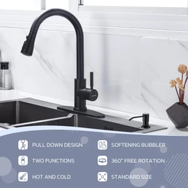 WEWE Black Kitchen Faucet with Soap Dispenser, Kitchen Sink Faucet with Pull Down Sprayer 3 Modes Stainless Steel Single Handle Single Hole Pull Out Matte Black Faucet for Bar Laundry RV Utility Sink
