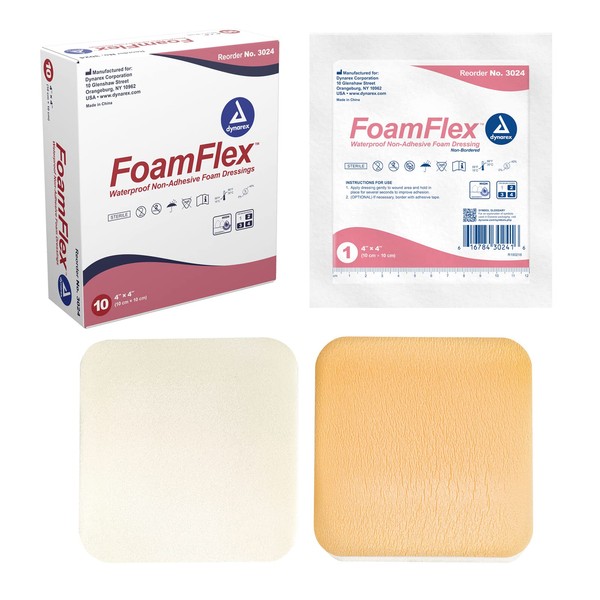 Dynarex FoamFlex Non-Adhesive Waterproof Foam Dressings - 4"x4", Breathable and Highly Absorbent Foam Dressings for Wounds, 1 Box of 10 Dynarex FoamFlex Non-Adhesive Waterproof Foam Dressings - 4"x4"