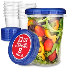 Stock Your Home 32oz Plastic Containers with Twist Top Lids (8 Pack) – Quart Freezer Containers for Leftovers, Airtight Reusable Soup Storage, Microwave & Dishwasher Safe