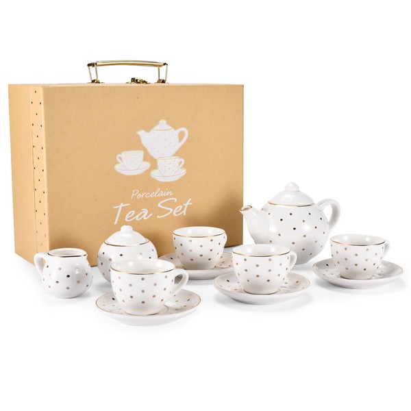 Jewelkeeper White Porcelain Tea Set for Little Girls - Ceramic Toy Set with Basket, Cups, Saucers, Plates, Teapot, and Serving Tray - Ideal Gift Toys for Kids and Children Ages 3 Years Old - 13 pcs