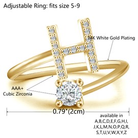 Initial Letter Ring for Women Girls Gold Stackable Alphabet Rings with Initial Adjustable Crystal Inlaid Initial Rings Bridesmaid Gift(H Gold)