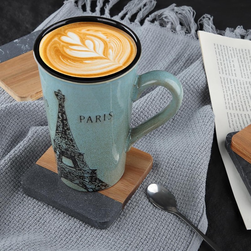 LiWiBet Acacia Wood Black Marble Coasters for Drinks Set of
