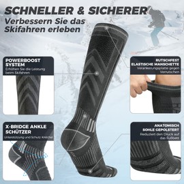 2 Pairs Merino Wool Ski Socks for Men, Women and Youth, Compression Snowboard Socks, Knee Height, Thick Thermal Socks for Cold Weather, Breathable, Quick Drying, Size 35-51, gray