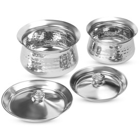 KSJONE Stainless Steel Biryani Handi Set | Premium Steel Hammered Finish Tope, Patila Handi | with Hammered Design, Tableware & Serveware for Home, Kitchen, Hotel & Restaurants (1.5 Quart & 2.5 Quart)