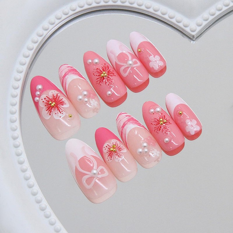 24 Pcs French Tip Press on Nails Short Almond Nail