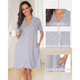 Vlazom Women Soft Nighties V-Neck Button Down Nightdress Classic Boyfriend Style Sleepshirt Relaxed Nightshirt Sleepwear Light Grey,XL