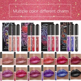 3 Pieces Metallic Diamond Liquid Glitter Shimmer Lipstick Matte Black Lipstick Set Tinted Lip Gloss Rich Pigment Long-Lasting Non-Stick Cup Waterproof Lip Gloss (D)