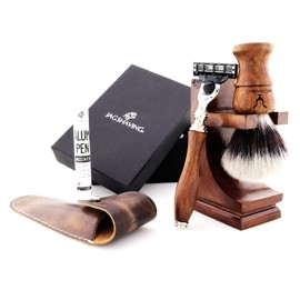 Jag Shaving Set - Sustainable 4-Piece Wooden Shaving Set - Synthetic Silver Tip Hair Shaving Brush - 3 Razor Blades Safety Razor - Safety Razor - Leather Bag for Safety Razor