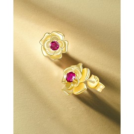 14K Gold Plated July Ruby Rose Stud Earrings, Hypoallergenic with 925 Sterling Silver Posts, Birthstone Jewelry for Women, Dainty Anniversary Birthday Gifts