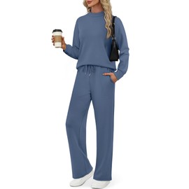 SAMPEEL Lounge Sets for Women Two Piece Outfits Casual 2 Piece Sweatsuits Tracksuit Set Womens Fall Fashion 2025 Sweatpants Winter Clothing Mock Neck Sweat Set Loungewear Matching Sets Dusty Blue S