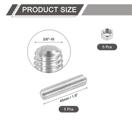 sourcing map 3/8"-16 Fully All Threaded Rod, 5 Pcs 304 Stainless Steel Long Threaded Screw 1.8" Length Right Hand Threads for Furniture Mounting Assembly Fastening