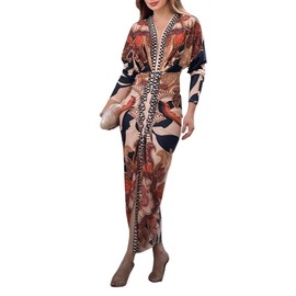 CHICME Women's Bodycon Long Sleeve Dress Casual Plunge V Neck Ruched Midi Dress Fall Bodycon Slit Office Work Dresses Brown-M