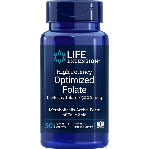 Life Extension High Potency Optimized Folate, 5000 mcg DFE, Brain & Heart Health Support, Metabolically Active Form of 5-MTHF, Gluten-Free, Non-GMO, 30 Count