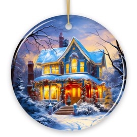 Glowing Winter Night Painting Ceramic Ornament, Warm and Inviting Christmas Tree Décor (Circle)