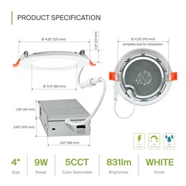 ASD 12 Pack LED Recessed Lighting 4 Inch, 5 CCT 2700K-5000K CRI90+, 9W 75W Eqv, IC Rated Ultra Thin Triac Dimmable Ceiling Lights, Canless Wafer Downlight, Round Slim Panel Light, ETL ES T24, White