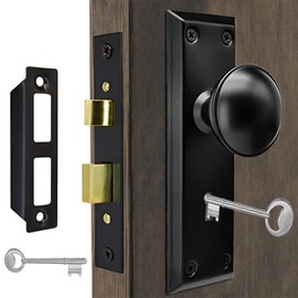 Antique Interior Door Knobs Mortise Lock Set with Skeleton Key Locks, Vintage Door Hardware Parts Fit 1-3/8" -1-3/4" Thick Doors, 2-3/8" Backset, Reversible Latch, Matte Black, 4 Pack
