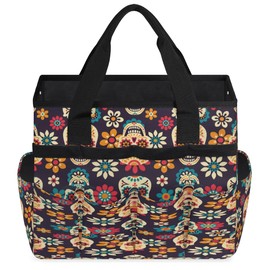 Interesting Flower Skulls Garden Tool Bag Waterproof Garden Tool Storage Bag Heavy Duty Oxford Gardening Tool Bag with Handle & 10 Pockets for Men Women Outdoor Garden Lawn Yard
